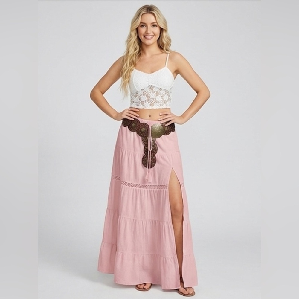 100% Cotton Boho Pink Tiered Maxi Skirt  High Slit Crochet Lace Trim